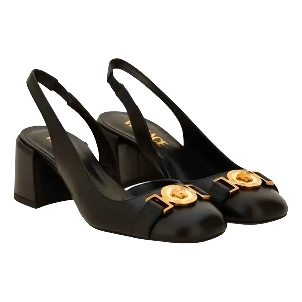 VERSACE Black Patent Leather Slingback Heels with Gold Medallion